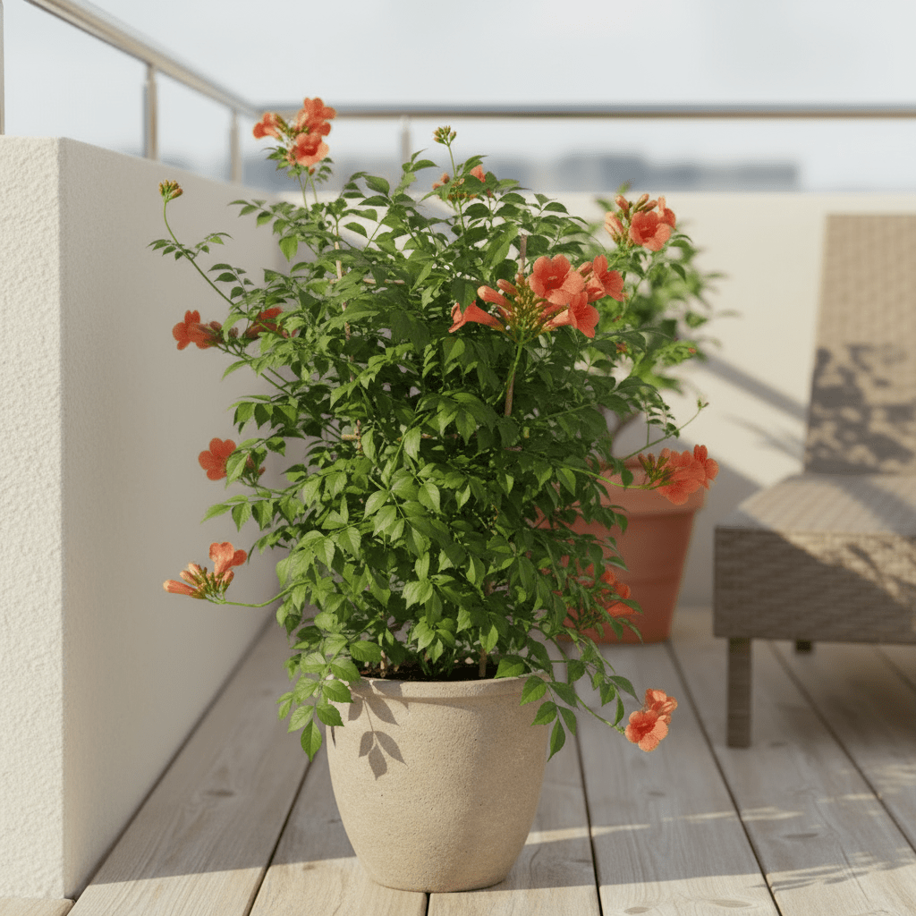 Campsis Summer Jazz Fire Trumpet – Trompette de Virginie rouge compacte – D19cm x H70cm - Verdeia