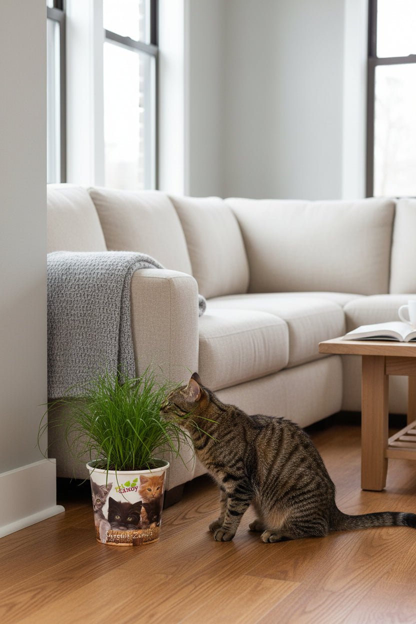 Cyperus Zumula avec pot chat — Herbe à chats / Papyrus nain — Ø12 cm — H23 cm - Verdeia