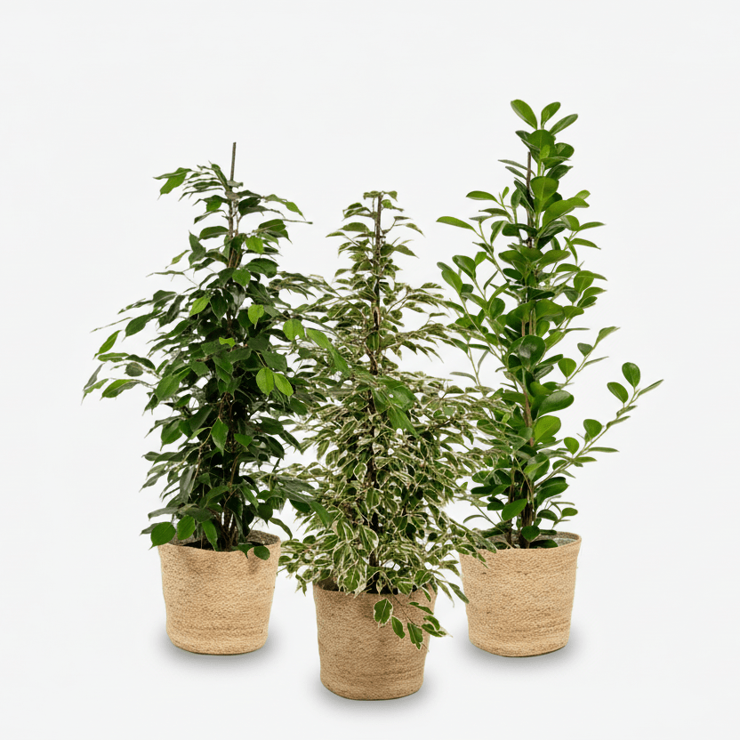 Pack 3 Ficus avec 3 paniers Selin — Benjamina Danielle + Benjamina Twilight + Microcarpa Moclame — 3 plantes - Verdeia