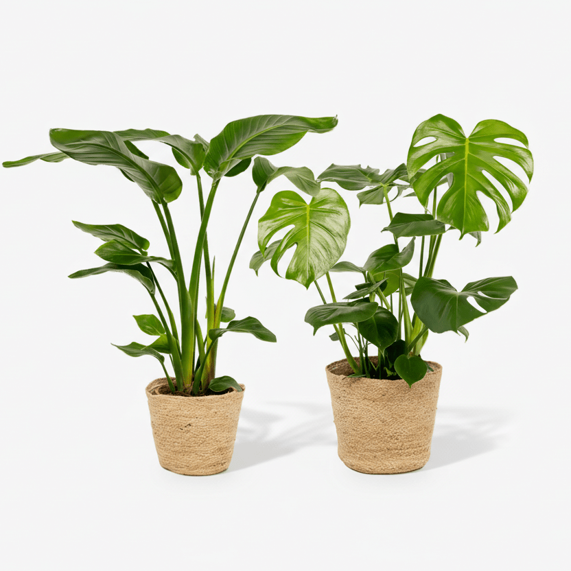 Pack Strelitzia Nicolai + Monstera Deliciosa avec 2 paniers Selin — Oiseau de paradis + Faux philodendron — 2 plantes - Verdeia